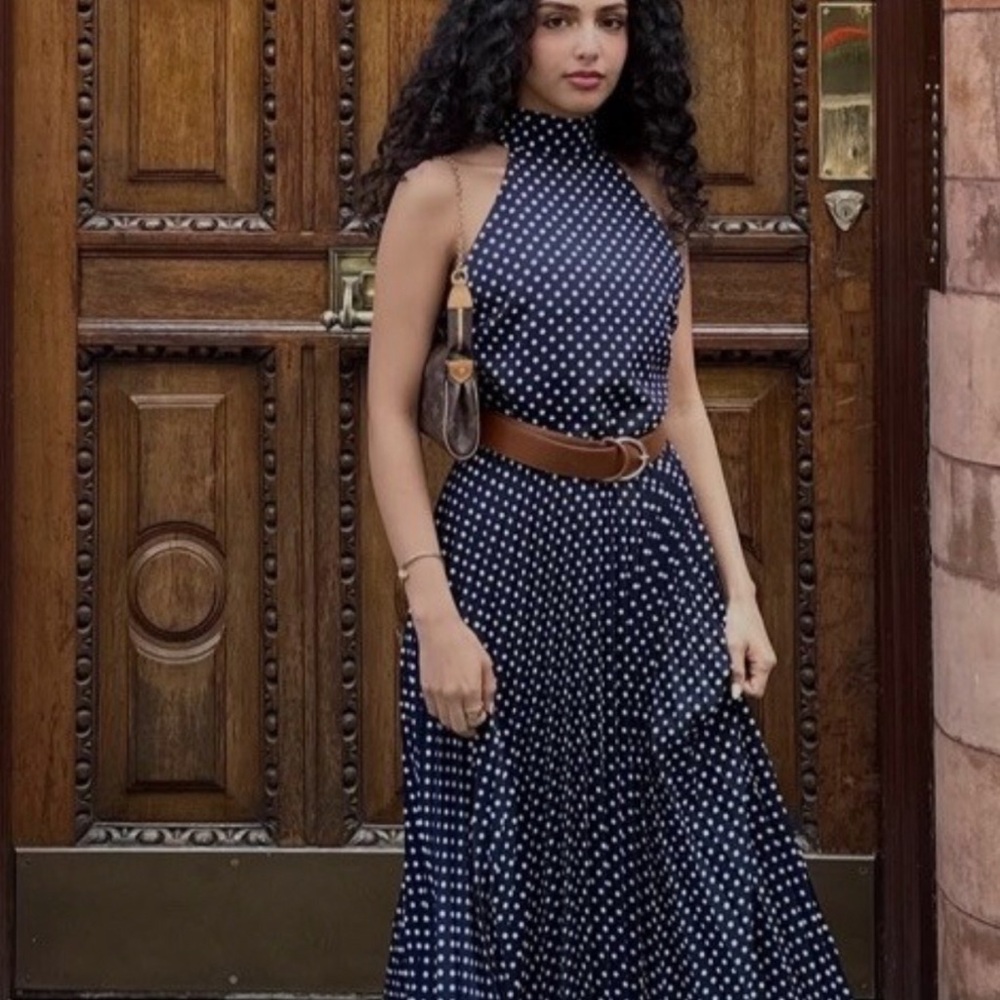 NWT Zara Women’s Polka Dot Midi Halter Dress Blue & White Belted XS 3555 - Picture 6 of 12
